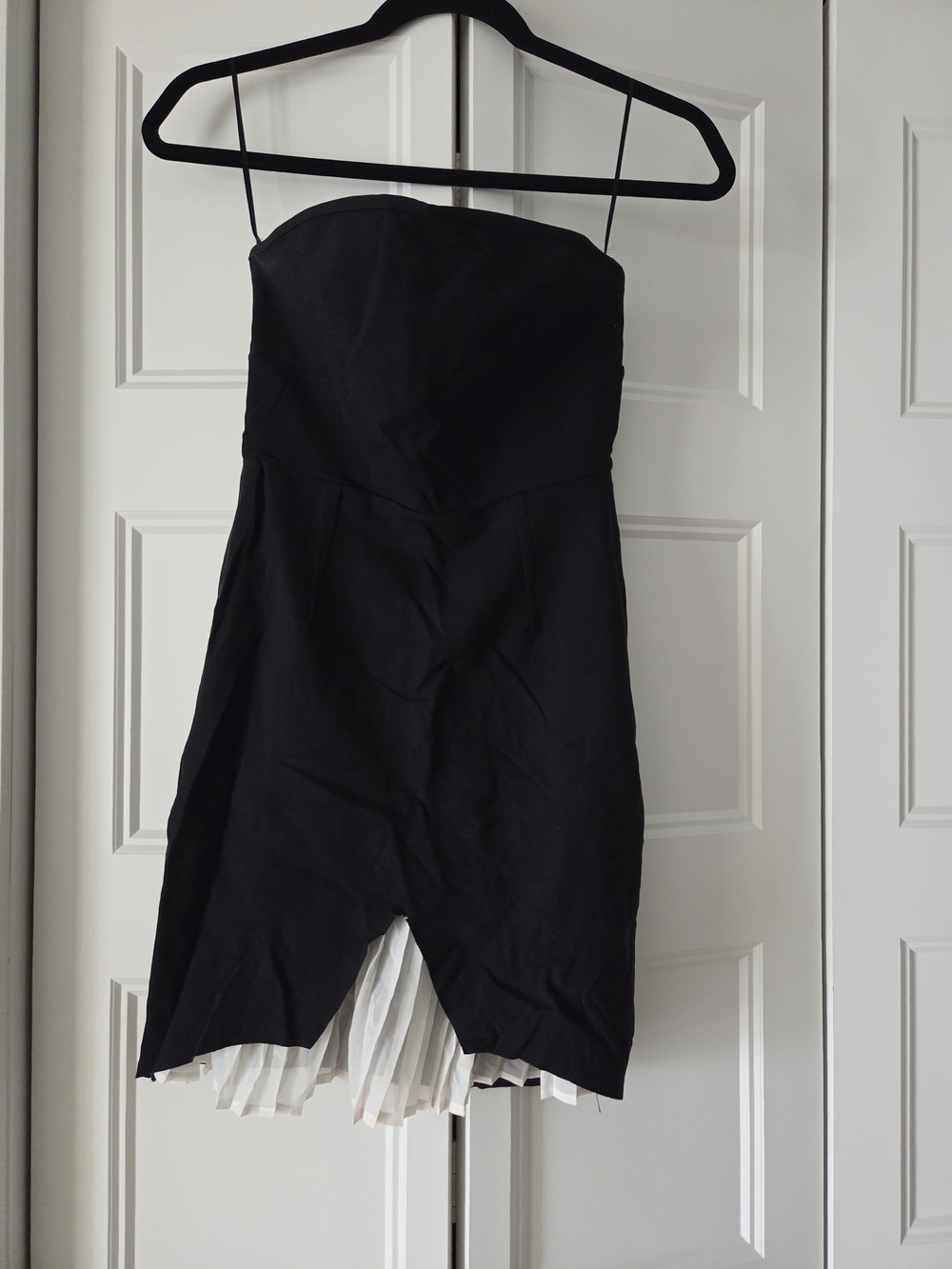 Zara Black Strapless Mini Dress with White Pleated Hem